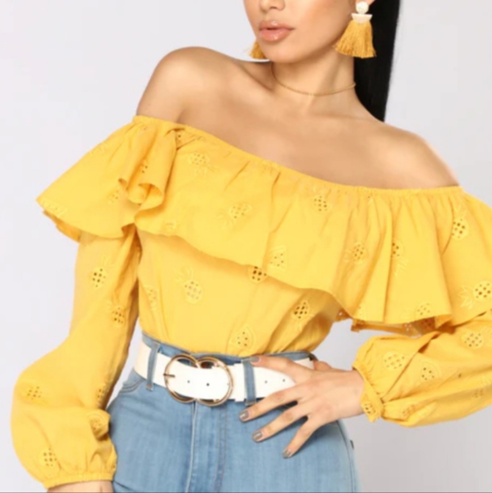 Fashion Nova Ruffled off shoulder long sleeve pinapple elastic top